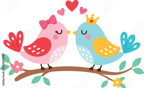 Cute Lovebirds Wearing a Pink Bow and Golden Crown on a Tree Branch – Flat Vector Illustration