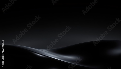 Abstract black satin silk wave with soft glossy light on dark background