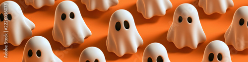 top down view 3d cartoon Halloween ghost figures pattern isolated on a orange background