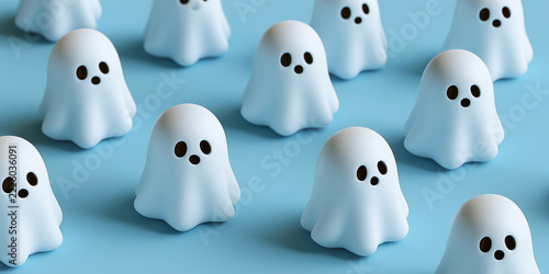 top down view 3d cartoon Halloween ghost figures pattern isolated on a blue background