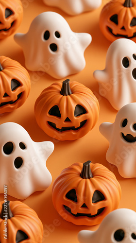 top down view 3d cartoon Halloween ghost and pumpkin figures isolated on a orange background
