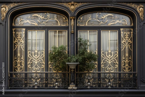 Ornate art nouveau window with golden details and lush plants, showcasing elegance and sophistication