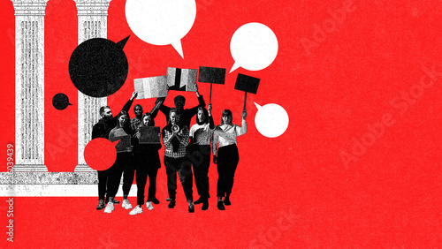 Demonstrators raising placards beside classical columns in red monochrome collage with resolve. Civil society, freedom of expression concept.