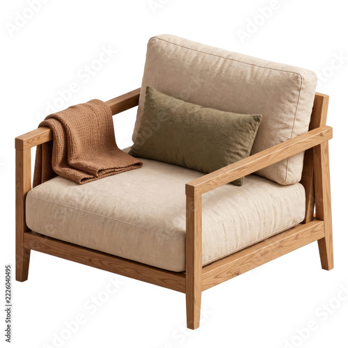 Cozy modern wooden armchair with beige fabric cushions and blanket isolated on a transparent background