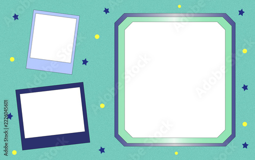 Turquoise glitter photo frame collage template backdrop. Cute mint blue sparkle glitter background layout with polaroid photo frames for birthday, travel, party, and scrapbook design