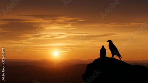 Falconer and hawk silhouetted against a golden sunrise. Entertainment for the rich, hobbies in the UAE or the USA, ancient art, UNESCO heritage