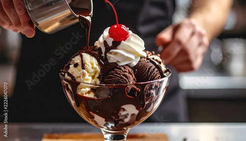 chocolate sauce being poured on sundae.