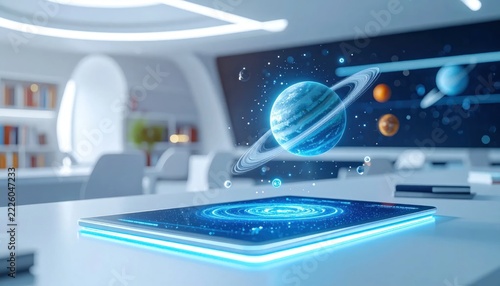 Futuristic technology in modern conference room.
