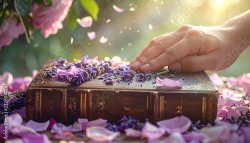 Hand placing flowers on a book.