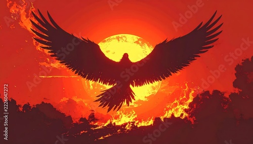 Silhouette of eagle in flight sunset.