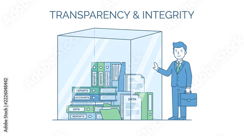 Transparency and integrity are visually represented by a blue suited businessman standing beside a transparent glass vault filled with organized file folders.