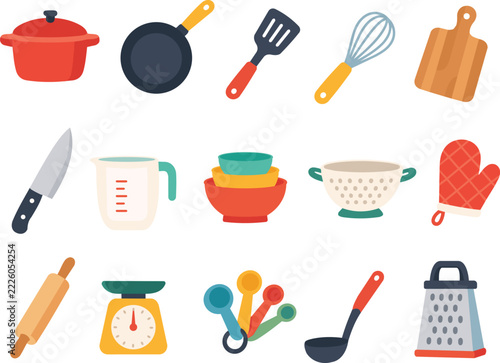 Kitchen Tools and Cooking Solid Flat Vector Icon Set