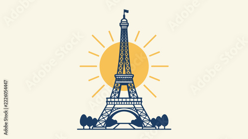 Eiffel Tower Paris Travel Illustration in Modern Flat Cartoon Style
