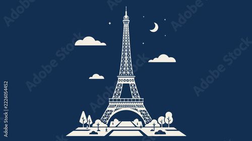 Paris Eiffel Tower Cartoon Illustration with Clean Geometric Shapes