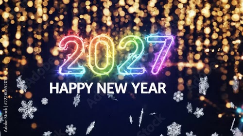Happy new year 2027 colorful rainbow neon text with snowflakes