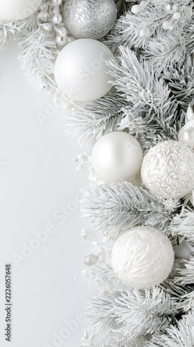 Elegant white Christmas decorations with frosted pine and copy space