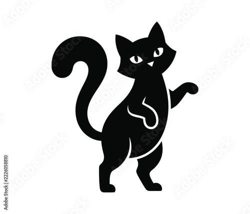 Playful Black Cat Silhouette with Curled Tail, Cute Animal Vector