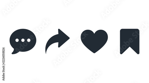Social Media Interaction Icons with Comment, Share, Heart and Bookmark