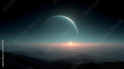 Sci-fi planet landscape view looking toward crescent gas giant planet and faint sun rising over mountains.