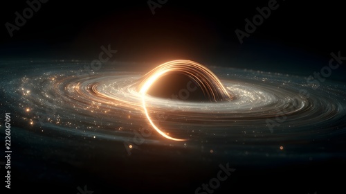 Deep space black hole visualization with glowing accretion disk glowing dust particles and gravitational lens effect.