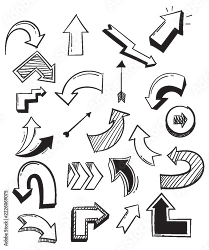 Hand-Drawn Sketch Arrow Vector Set with Curly Curved and Straight Pointers