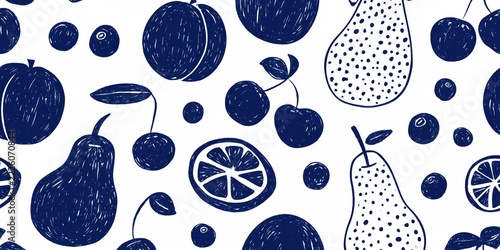 Seamless monochrome blue summer patterns of fruits on a white background