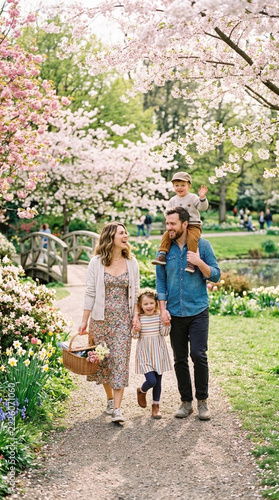 Happy family walking in a blooming park during spring enjoying a picnic basket and cherry blossoms