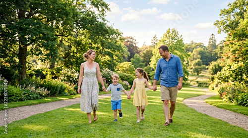 Happy family walking in a sunlit park enjoying a summer day outdoors