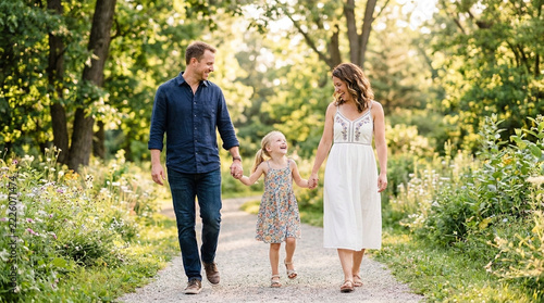 Happy Family Walking on Path in Park Parents and Daughter Enjoying Nature Together