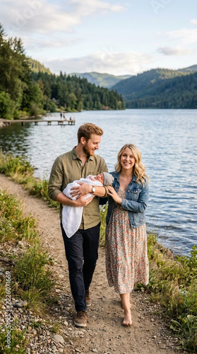 Happy Family Strolls by Lake with Newborn Baby Outdoors Nature Landscape Background New Parents Lifestyle
