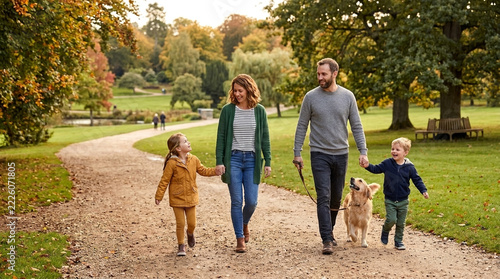 Happy family walking dog in autumn park