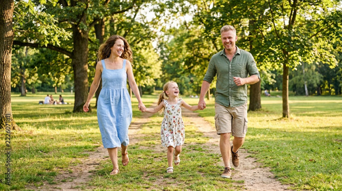 Happy family with daughter walking in park on sunny day holding hands laughing enjoying nature and outdoor recreation