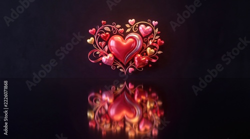 Glossy 3D Heart Arrangement with Reflection on Black Background