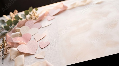 Romantic Background with Pink Paper Hearts and Silk Ribbons