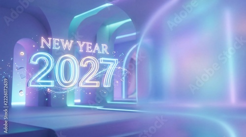 Futuristic New Year 2027 Neon Text in Abstract Glowing Arches