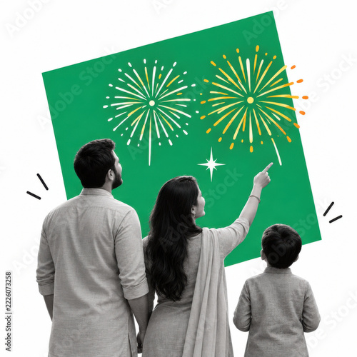 Family watching fireworks, black and white cutout on green background, New Year celebration collage