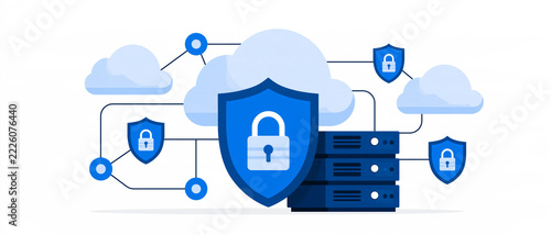 Protection cloud et infrastructure : réseau de serveurs sécurisé connecté par des nœuds de boucliers et de cadenas, isolé sur fond blanc