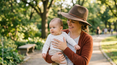 Happy Mother Holding Baby in Park Warm Autumn Sunlight Family Lifestyle Portrait