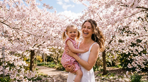 Happy Mother Holding Daughter Amidst Blooming Cherry Blossoms in a Garden Park