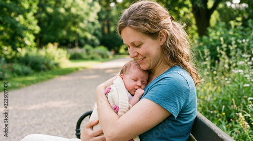 Happy Mother Hugging Sleeping Newborn Baby in Park