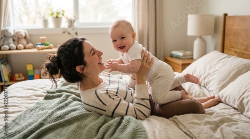 Happy mother playing with her laughing baby on a bed indoor lifestyle tender moment family love