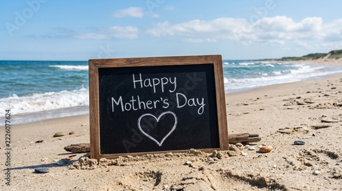 Happy Mothers Day beach message with heart on blackboard seaside with ocean waves and sandy shore