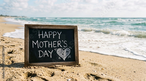 Happy Mothers Day blackboard with heart drawing on sandy beach with ocean waves
