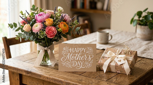 Happy Mothers Day bouquet gift box and card on wooden table cozy home setting celebration floral arrangement
