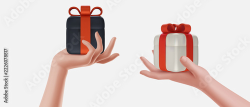 3D Realistic hands holding black and white gift boxes with red ribbons, surprise concept vector illustration isolated on white background