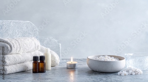 Minimalist winter spa and wellness composition with folded white luxury resort towels and sea salt.