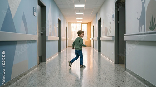 Young boy walking down a brightly lit hospital corridor with playful wall decorations symbolizing hope and childhood in a medical setting