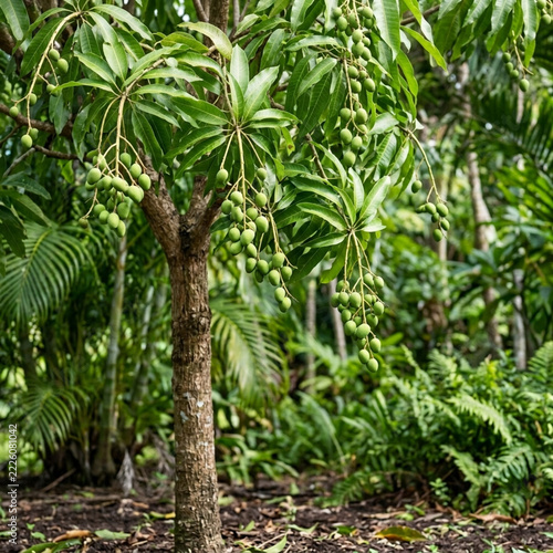 Young Mango Tree with Unripe Fruit Hanging in Lush Tropical Rainforest