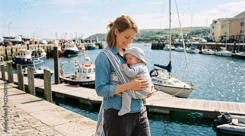 Young mother carrying sleeping baby in sling on sunny day at picturesque harbor with boats