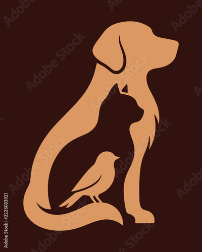Pet Care Logo Concept with Nesting Dog, Cat, and Bird Silhouette Vector